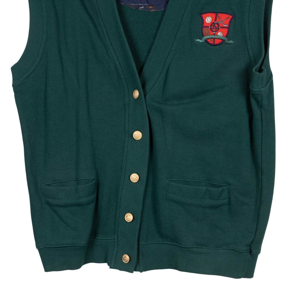 Line-Up Sweatshirt Vest PM Womens VTG Green Buttons Embroidered Crest Sports - Picture 3 of 6